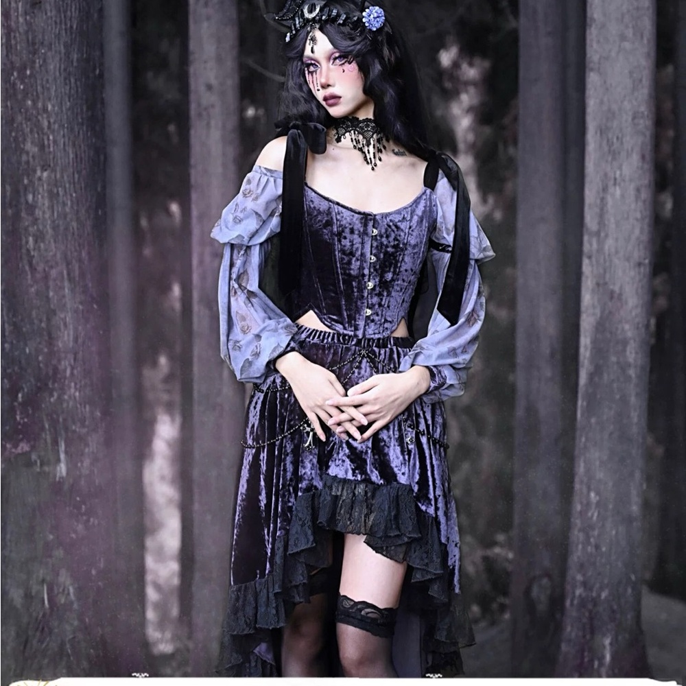 Purple Gothic Victorian Velvet Top + Skirt Set